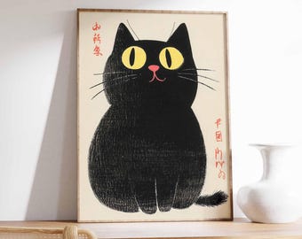 Japansk svart kattkonsttryck, minimalistisk vintage-affisch