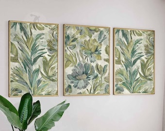 Botanical Wall Art Set of 3, Vintage Style Green Leaf Prints