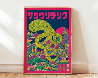 Retro japońska ośmiornica, plakat z motywem życia morskiego w stylu vintage