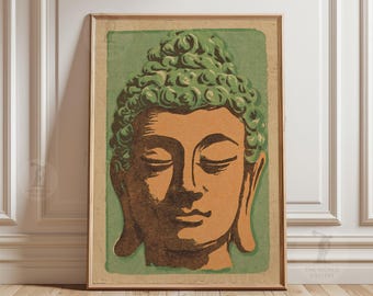 Green Buddha Head Poster | Minimalist Zen Meditation Wall Art, Asian Inspired Home Decor