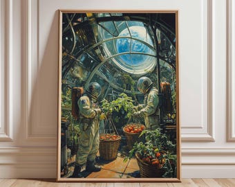 Stampa spaziale fantascientifica in stile retrò, poster di paesaggio cosmico anni '70.