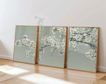 Japanische Kirschblüte Wandkunst 3er-Set | Minimalistische Blumendrucke | Blühendes Kunstwerk | Elegante Zen Wand Dekoration