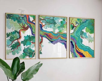 Juego de 3 pósteres de árboles arcoíris, arte mural de naturaleza abstracta y colorida, impresiones botánicas modernas para decorar salas de estar y dormitorios.