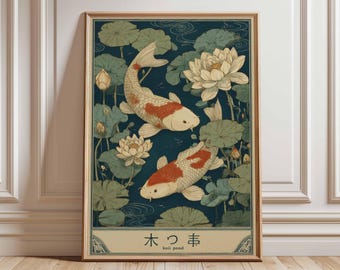 Japanischer Koi Fisch Druck, Lotus Blume Wandkunst, Zen Dekor