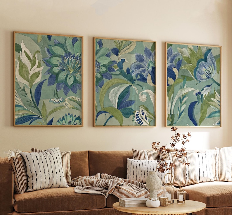 Blue Green Botanical Wall Art Posters Set of 3 | Floral Nature Prints ...
