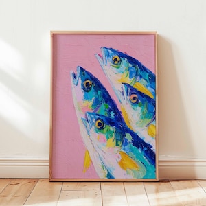 Decorazione murale con pesce azzurro, poster nautico per cucina, stampa di pesci costieri, decorazione marina scandinava, opera d'arte con linoleografia blu intenso.