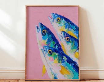 May include: A framed art print featuring a vibrant oil painting of three fish. The fish are depicted with blue, yellow, and white brushstrokes against a pink background. The artwork is displayed in a natural wood frame.