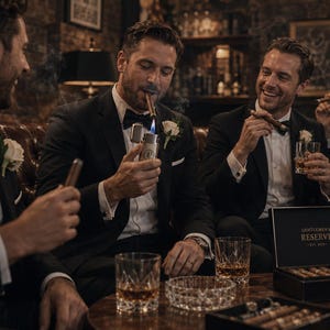 Puede incluir: Un grupo de hombres vestidos con trajes formales fuman cigarros y beben bebidas. Un hombre enciende un cigarro con un encendedor. Una caja de puros con la inscripci&oacute;n "Gentlemen's Reserve" est&aacute; abierta sobre la mesa. La escena tiene lugar en una habitaci&oacute;n oscura.