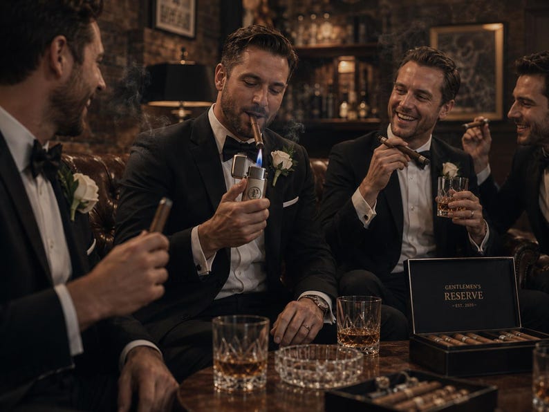 Puede incluir: Un grupo de hombres vestidos con trajes formales fuman cigarros y beben bebidas. Un hombre enciende un cigarro con un encendedor. Una caja de puros con la inscripci&oacute;n "Gentlemen's Reserve" est&aacute; abierta sobre la mesa. La escena tiene lugar en una habitaci&oacute;n oscura.