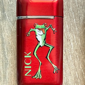 Puede incluir: Un encendedor de metal rojo con tapa abatible. El encendedor presenta una ilustraci&oacute;n de rana de dibujos animados verde y blanca con el nombre "NICK" impreso verticalmente en verde. El encendedor tiene un acabado de metal cepillado.