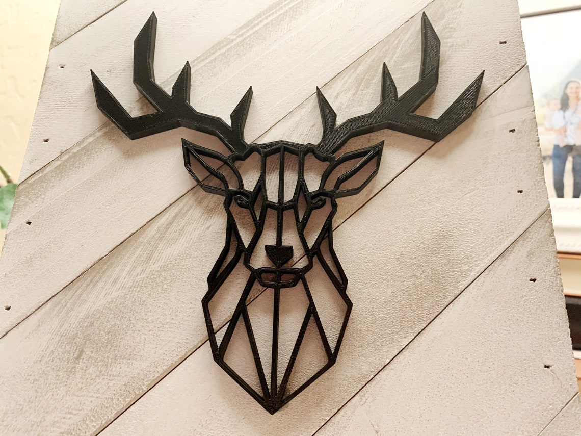 Geometric Deer head wall art farm house white wood frame Etsy