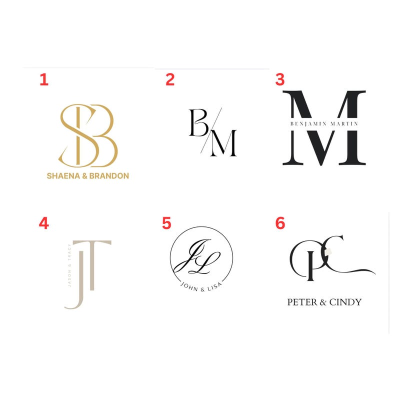 Puede incluir: Colecci&oacute;n de seis dise&ntilde;os de logotipos diferentes. Los logotipos presentan iniciales y nombres en varias fuentes y estilos. Los nombres incluyen Shaena & Brandon, Benjamin Martin, John & Lisa y Peter & Cindy. Los logotipos son en oro, negro y beige.