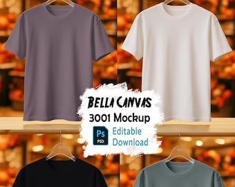 Maqueta de camiseta de otoño PSD con camisa colgante de frente plano Bella Canvas 3001
