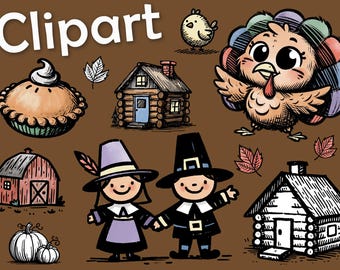 Clipart PNG de Acción de Gracias: Otoño, Pavo, Peregrinos, Calabazas, Pasteles - Gráficos digitales de otoño para profesores y manualidades