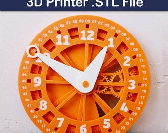 Reloj de aprendizaje con engranajes (impresión 3D STL): modelo interactivo para aula STEM, proyecto educativo para niños