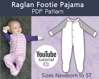 Patrón PDF de pijama con pies raglán, talla recién nacido-5T