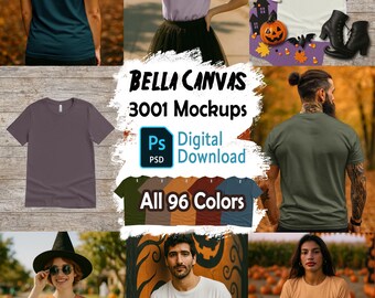 Maqueta de camiseta de Halloween: Bella Canvas 3001, diseño plano de otoño (descarga digital PSD)