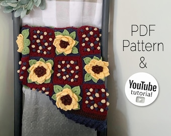Patrón de crochet para colcha de girasoles: PDF floral moderno, DIY para principiantes (descarga digital)