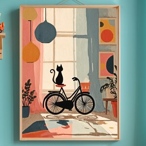 Black Cat Bicycle Wall Art Whimsical Cat Printable Boho Kids Room Decor Gift