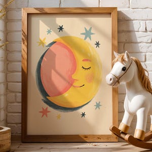 Arte de pared para guardería con diseño de luna y estrellas, estampado de luna soñolienta, decoración bohemia para habitación de bebé. Descarga.