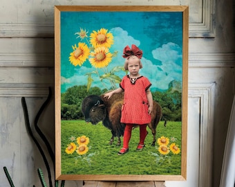 Collage Art Print -MY BISON & ME- Print of Girl With Daisies and Baby Bison, Buffalo, Whimsical Art Kid's Room Decor, Spring Poster.