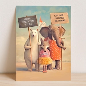 Carte postale Animaux de protestation Illustration Ours Renard Éléphant Cadeau pour amoureux des animaux