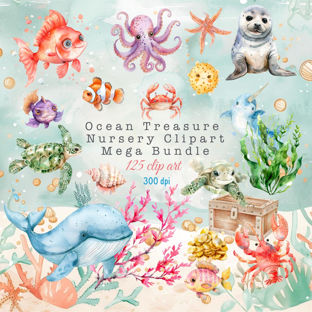 Ocean Nursery Clipart Bundle: 125 Watercolor Sea Animals (digital ...