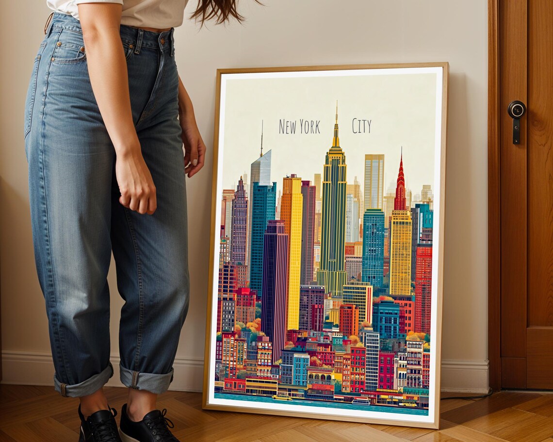 New York City Poster Colorful Skyline Wall Art NYC Print Urban Decor - Etsy