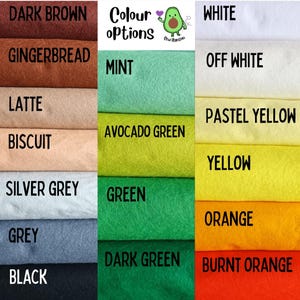 May include: A color chart displaying various fabric color options. Colors include dark brown, gingerbread, latte, biscuit, silver grey, grey, and black. Other colors are mint, avocado green, green, dark green, white, off white, pastel yellow, yellow, orange, and burnt orange.