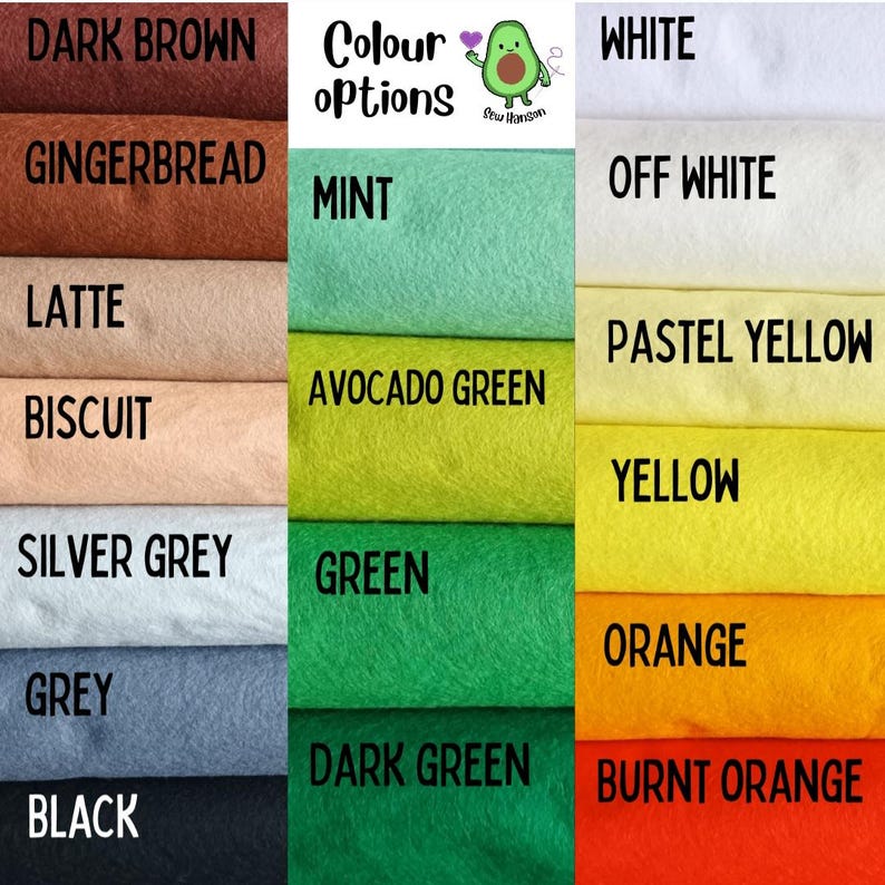 May include: A color chart displaying various fabric color options. Colors include dark brown, gingerbread, latte, biscuit, silver grey, grey, and black. Other colors are mint, avocado green, green, dark green, white, off white, pastel yellow, yellow, orange, and burnt orange.