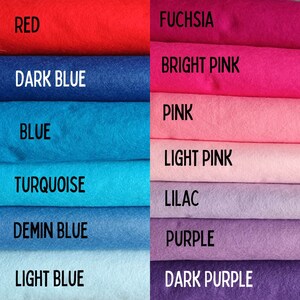 May include: A color chart featuring swatches of various shades of fabric. The colors include red, dark blue, blue, turquoise, demin blue, light blue, fuchsia, bright pink, pink, light pink, lilac, purple, and dark purple. Each color is labeled with its name.