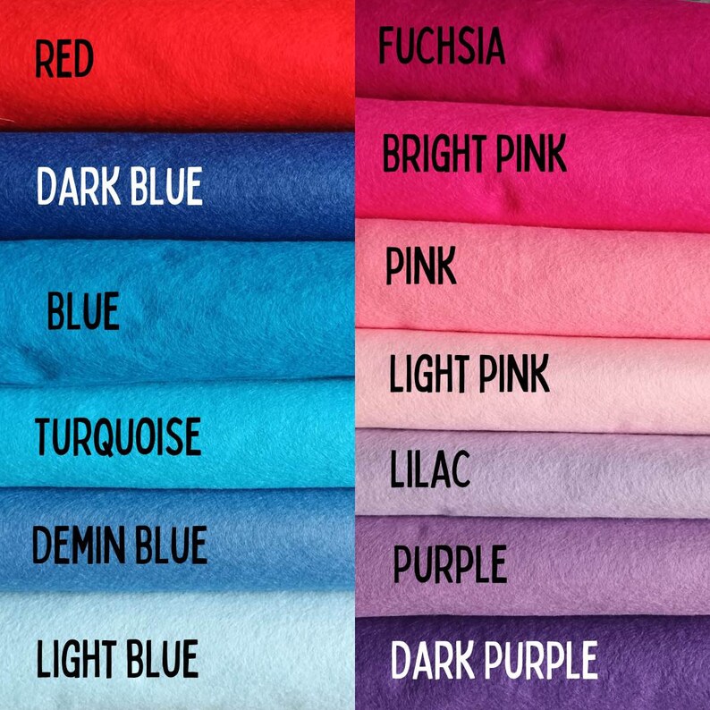 May include: A color chart featuring swatches of various shades of fabric. The colors include red, dark blue, blue, turquoise, demin blue, light blue, fuchsia, bright pink, pink, light pink, lilac, purple, and dark purple. Each color is labeled with its name.