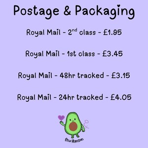 May include: A light purple graphic with the words "Postage & Packaging" in a whimsical font. Below, text details Royal Mail shipping options. A cartoon avocado character with a heart and the text "Sew Hanson" are at the bottom.