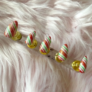 Christmas Holiday Red and Green Sparkling Peppermint Candy Cane Press on Nails
