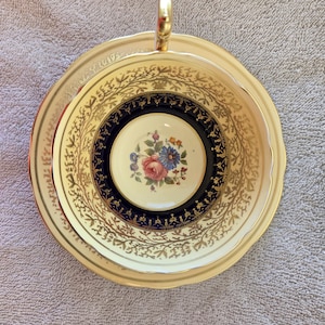 Vintage Aynsley Gold and Cobalt Blue Floral Teacup and Saucer