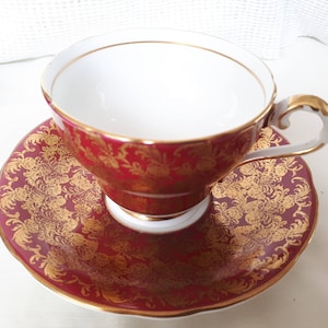 Vintage Aynsley Red Tea Cup and Saucer with Gold Leaves Pattern