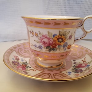 Vintage Royal Chelsea Pink and Gold Floral Teacup and Saucer