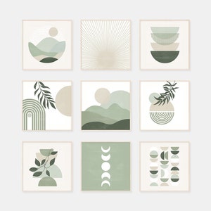 Sage green set of 9 print,  sage green printable wall art, square print set, landscape sun moon poster, mid century modern, abstract beige