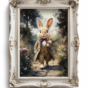 May include: A painting of a rabbit wearing a brown suit and a bow tie, holding a bouquet of flowers. The rabbit is walking on a path in a forest setting. The painting is framed in a white ornate frame.
