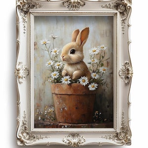 May include: A brown bunny rabbit sits in a terracotta flower pot filled with white daisies. The pot is on a wooden surface and the background is a light blue and white watercolor wash.