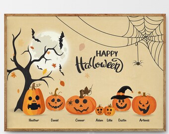 Halloween custom cute pumpkin family baby print, halloween family portrait with pets, personalized pumpkin family, family printable wall art