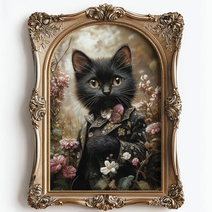 スーツを着た黒猫のプリント、ビクトリア朝の花好きの猫のビンテージポスター、ダークアカデミアの印刷物、猫のコテージコアの装飾、春の保育園の絵画