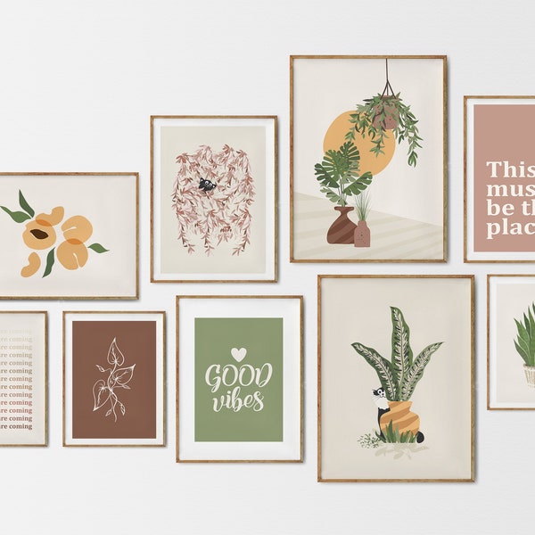 Boho printable gallery set of 9 prints, home earth tone print, green house plant lovers poster, cat plant lovers gift, potted flower print