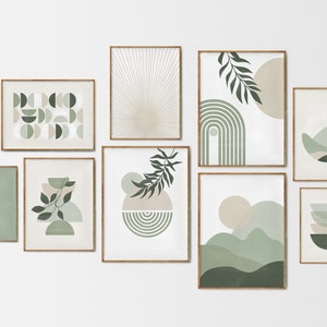 Sage green set of 9 print,  sage green printable wall art, landscape sun moon poster, mid century modern, abstract beige poster, digital art