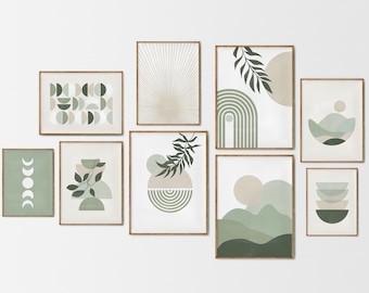 Sage green set of 9 print,  sage green printable wall art, landscape sun moon poster, mid century modern, abstract beige poster, digital art