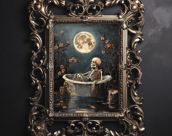May include: Ornate gold-colored framed artwork depicting a skeleton relaxing in a bathtub under a full moon. The artwork features a dark, moody color palette with roses and water details, creating a gothic or Halloween theme.