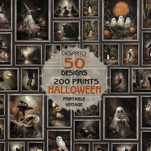 Ensemble de 50 affiches vintage à imprimer pour Halloween : décoration murale fantôme, ambiance sombre et mystérieuse, style Dark Academia. Téléchargement