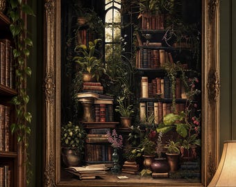 Botanical Books Print, Vintage Bookstore, Dark Academia Decor (Digital Download)