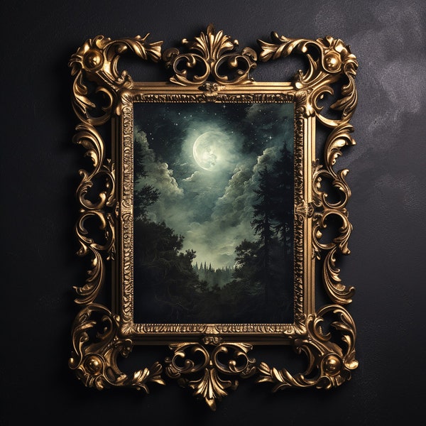 Moon night in the forest, dark academia printable, gothic witchy aesthetic, woods and stars wall decor, moody painting print, сottagecore