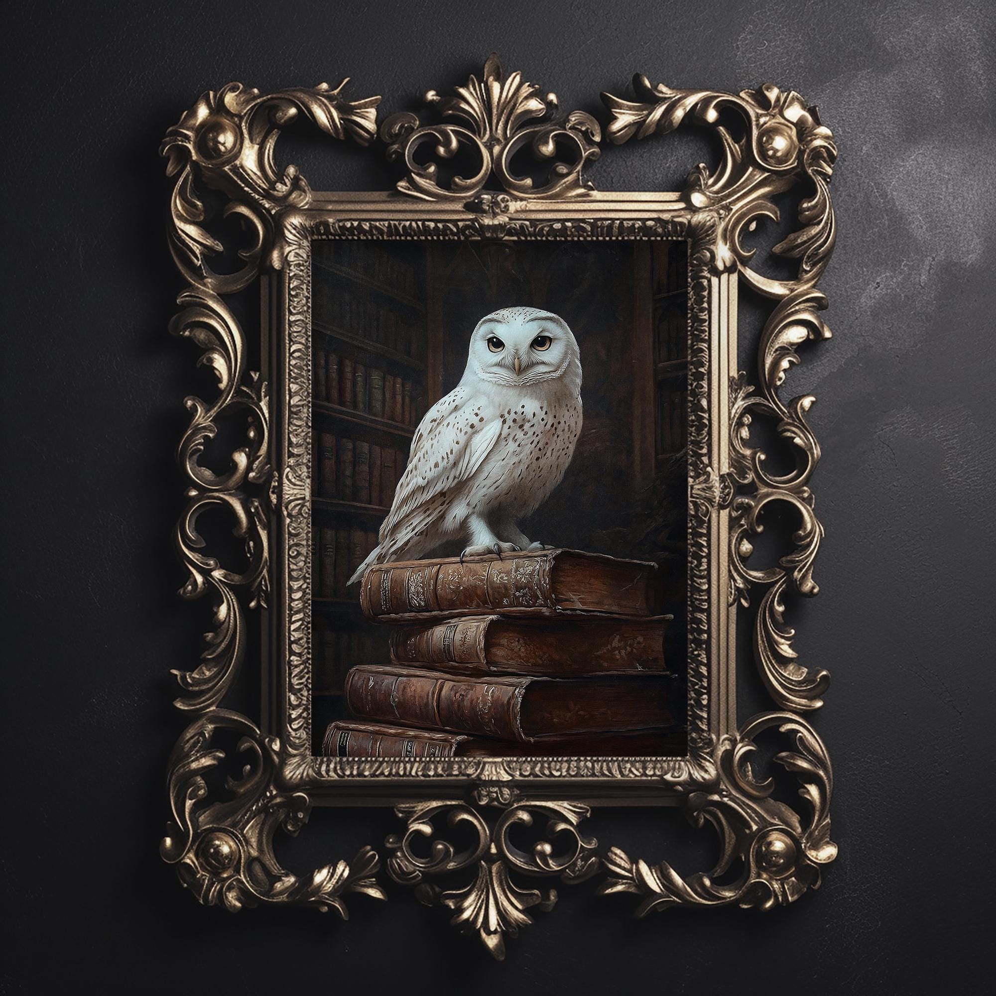 White owl on books vintage print, owl witch bookstore dark academia still life printable, library с